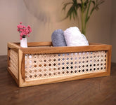 ONIJA  Rattan Rectangular Mesh Basket For Wardrobe Storage & Decorative Organiser I Handcrafted Premium Teak Wood & Rattan I Modular Storage Basket - Size 12 X 8 X 4 Inch